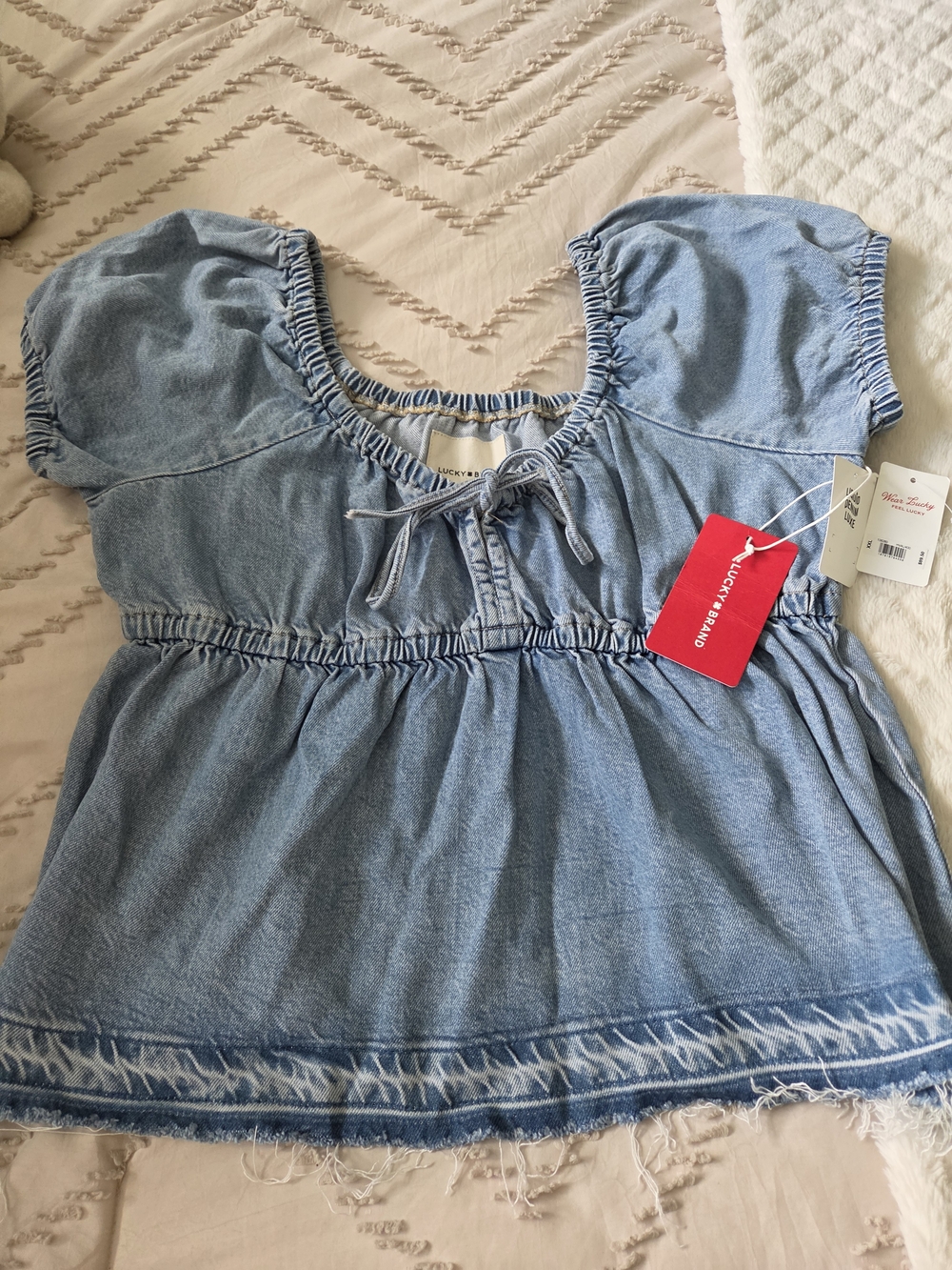 Lucky Brand Light Denim Tie-Front Peasant Blouse